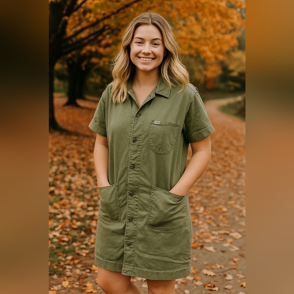 Lee Olive Green Button-Front Short Sleeve Utility Dress